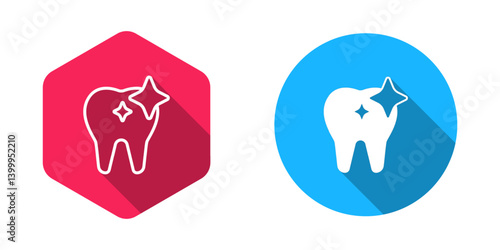 Filled and outline Tooth whitening concept icon isolated with long shadow background. Tooth symbol for dentistry clinic or dentist medical center. Vector