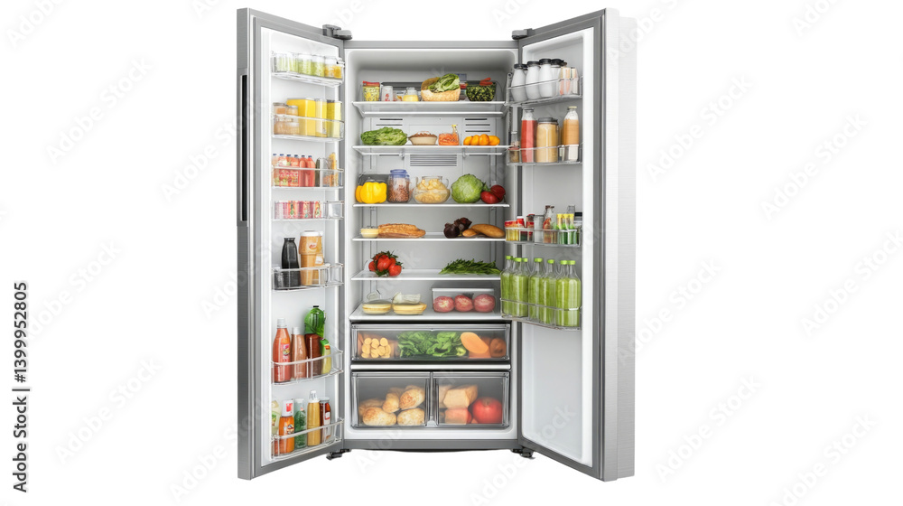 Open refrigerator filled with fresh fruits, vegetables, sauces, and beverages, highlighting a well-stocked kitchen. Perfect for meal preparation and healthy eating Open refrigerator filled with fresh fruits, vegetables, sauces, and beverages, highlighting a well-stocked kitchen. Perfect for meal preparation and healthy eating