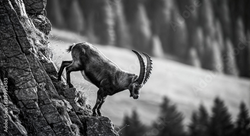 Ibex climbing on rocky cliff, wild goat in mountains in black and white.