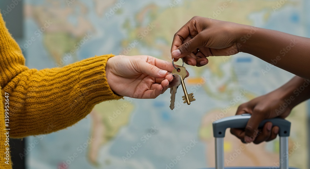 Obraz premium Handing Over Keys to a Traveler: Travel Agent Giving Keys to Hotel Room or Rental Apartment