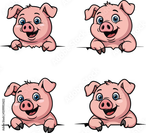 Cute and Funny Cartoon Pig Character Clipart Vector Set