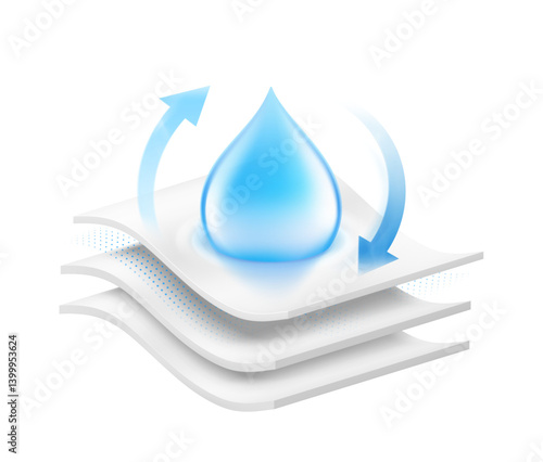 Multi-layer material with drop. Illustration for diaper, napkins, pants, changing mat and other product. Vector illustration isolated on white background. EPS10.