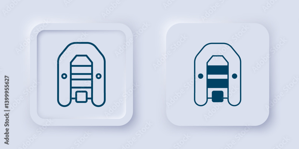 Filled and outline Inflatable boat with outboard motor icon isolated on grey background. Square button. Vector Filled and outline Inflatable boat with outboard motor icon isolated on grey background. Square button. Vector