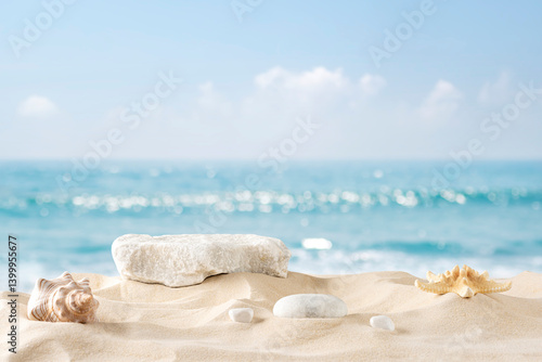 Fototapeta Naklejka Na Ścianę i Meble -  Stone podium for summer cosmetics product presentation on blurred tropical sea sand beach background