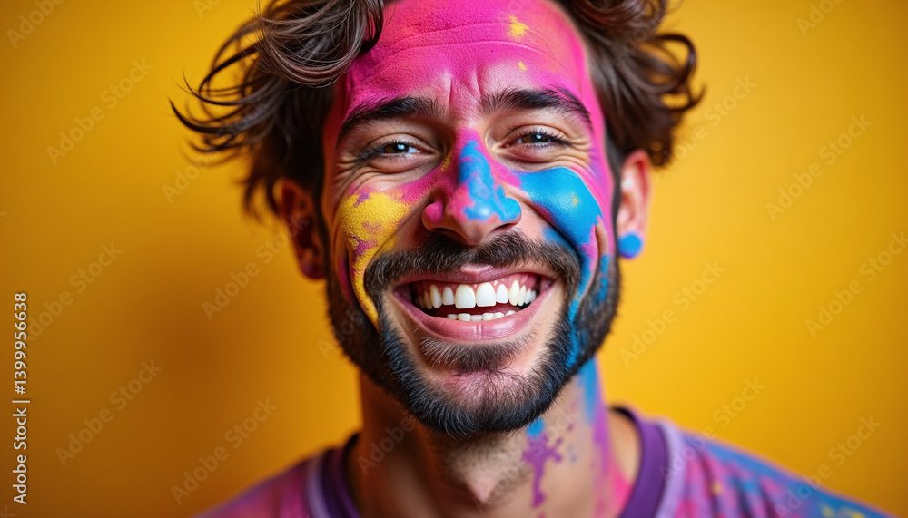 Man's face in Holi colors, joyful mood, smiling with vibrant paint on skin, yellow background Man's face in Holi colors, joyful mood, smiling with vibrant paint on skin, yellow background
