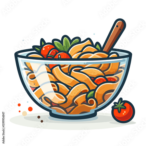 Bowl of pasta salad with vegetables and wooden spoon. Ideal for healthy recipe illustrations, Mediterranean cuisine, summer dish presentations, or food blog content.