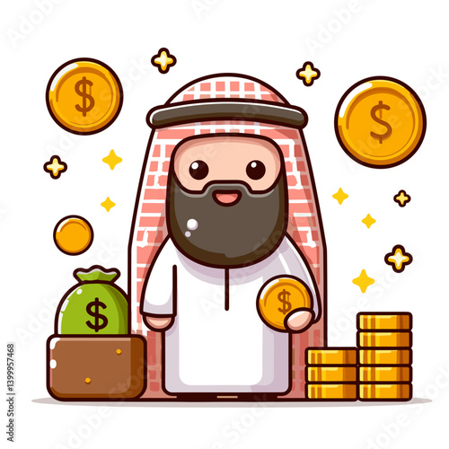 Wealthy Arab businessman with money bags and gold coins. Ideal for Middle Eastern finance themes, investment concepts, and oil industry illustrations.