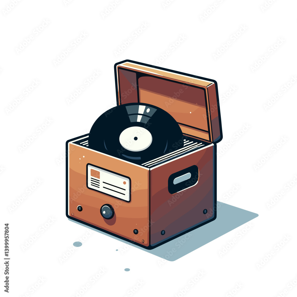 Fototapeta premium Vintage record player with vinyl in wooden case. Perfect for music collectors, retro audio equipment, and nostalgic entertainment themes.