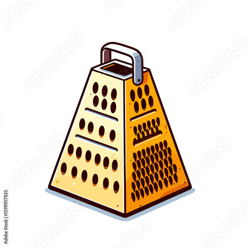 Metal cheese grater in pyramid shape with handle. Ideal for kitchen tools, cooking accessories, and food preparation illustrations.