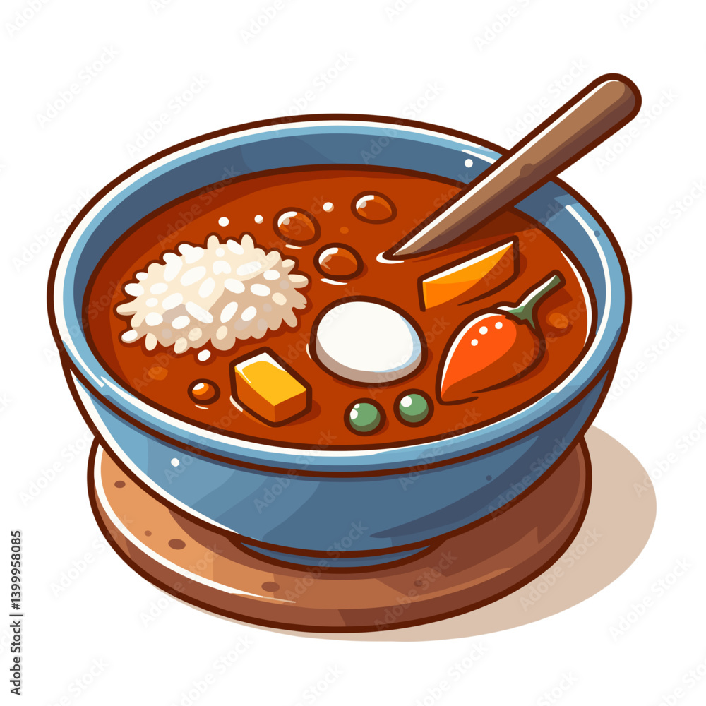 Bowl of hearty soup with rice and vegetables in comfort food style. Perfect for warm meals, homemade cooking and nutritious lunch illustrations. Bowl of hearty soup with rice and vegetables in comfort food style. Perfect for warm meals, homemade cooking and nutritious lunch illustrations.