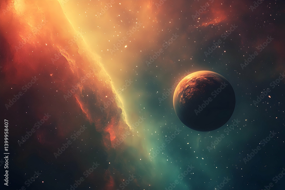 Obraz premium A distant planet bathed in the glow of a vibrant nebula.