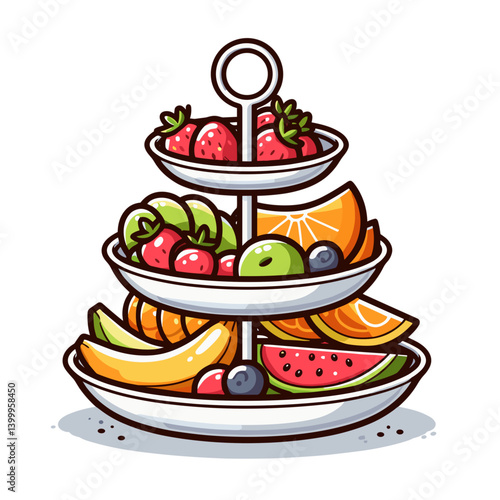Multi-tiered fruit stand with assorted fresh fruits in colorful arrangement. Perfect for healthy snacks, party displays and elegant food presentation.