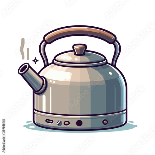 Modern stainless steel kettle with steam, kitchen appliance illustration. Suitable for homeware catalogs, kitchen equipment collections, household appliance guides, and morning routine visuals.