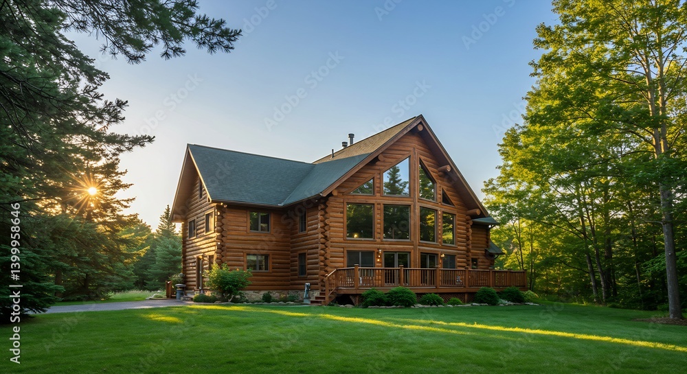 Luxurious Log Cabin Home in Wooded Setting at Sunrise, Stunning Architecture and Landscaping Luxurious Log Cabin Home in Wooded Setting at Sunrise, Stunning Architecture and Landscaping