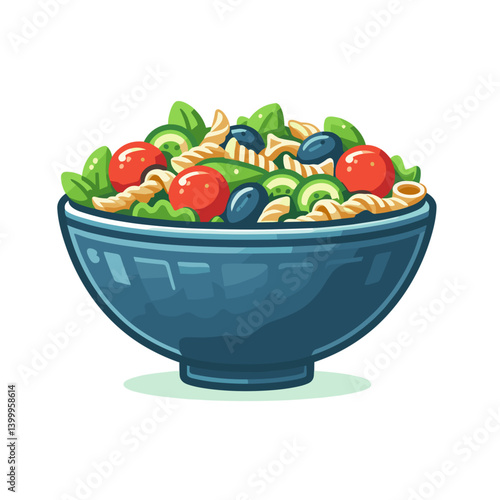 Fresh pasta salad with vegetables in blue bowl, healthy meal. Perfect for recipe blogs, healthy eating guides, meal preparation ideas, and Mediterranean cuisine illustrations.