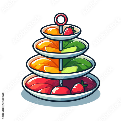Tiered serving stand with fruit and pastries, elegant tea party display. Perfect for catering services, afternoon tea events, dessert presentations, and elegant entertaining guides.