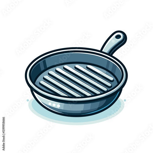 Cast iron grill pan with handle, cooking equipment illustration. Perfect for kitchen utensil catalogs, cooking method guides, culinary equipment collections, and grilling recipe illustrations.