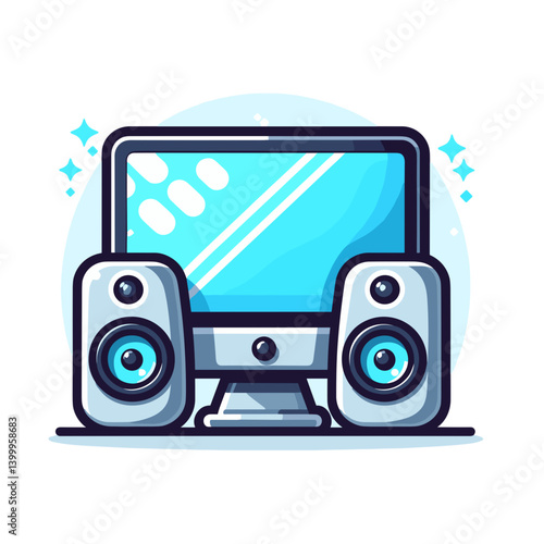 Home entertainment system with TV and speakers, media center setup. Ideal for electronics catalogs, home theater guides, audio equipment reviews, and modern interior design.