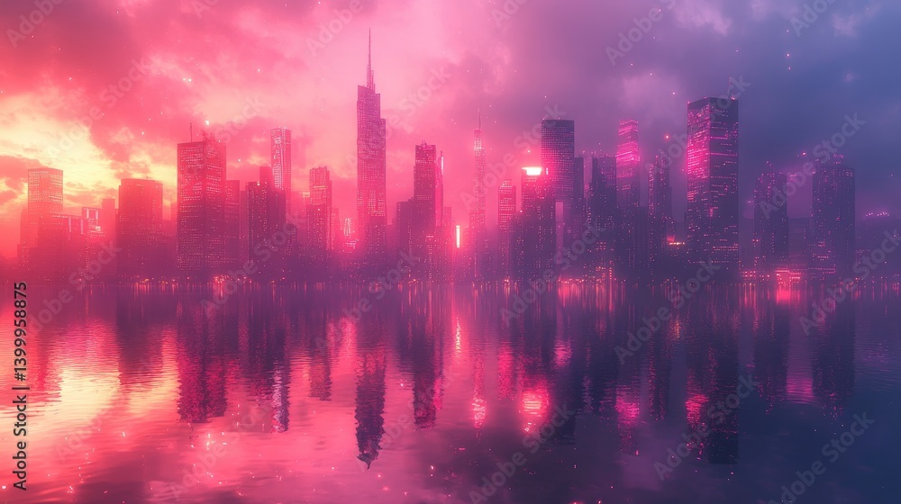 Dreamy City Skyline At Dusk. Night Lights Reflect In The Still Water For A Surreal, Modern Feel. Dreamy City Skyline At Dusk. Night Lights Reflect In The Still Water For A Surreal, Modern Feel.