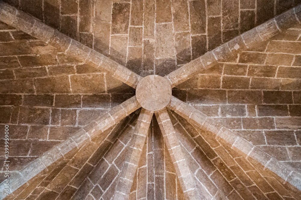 Obraz premium Stone ceiling architecture detail showing ribbed vaulted design with symmetrical pattern and aged historic texture