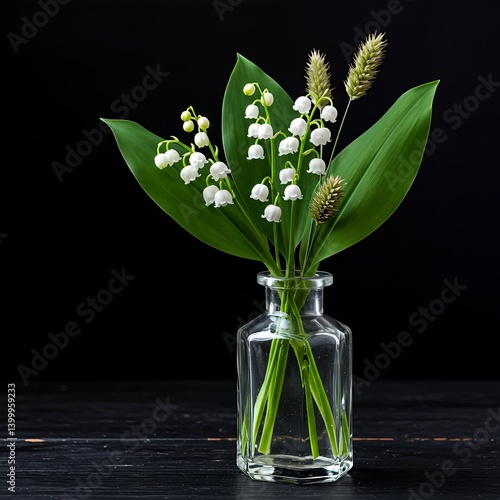  A small bouquet of lily of the valley spring wildflowers and a sprig of decorative greenery in a simple glass jar.