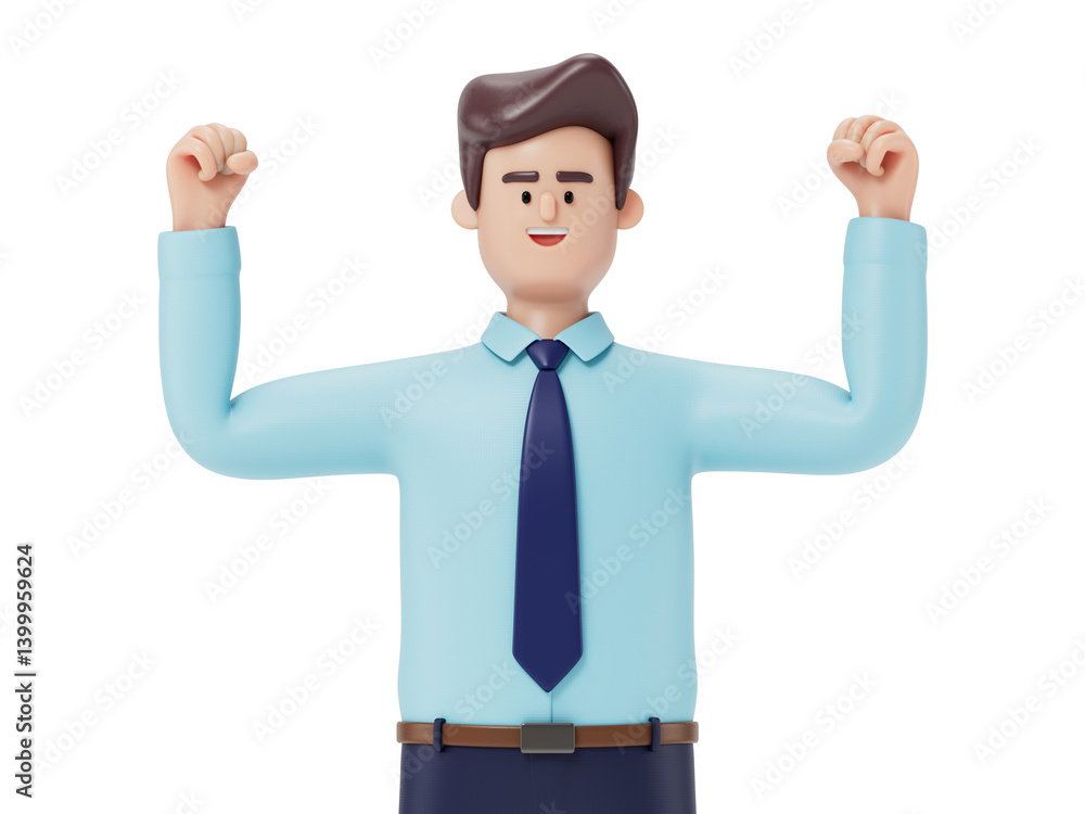 A man raises both fists, symbolizing success or celebration. 3D rendering, conceptual image. Isolated on white background. A man raises both fists, symbolizing success or celebration. 3D rendering, conceptual image. Isolated on white background.