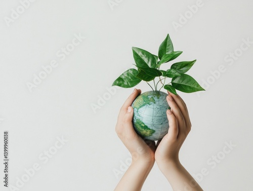 Hands holding a globe with a small plant