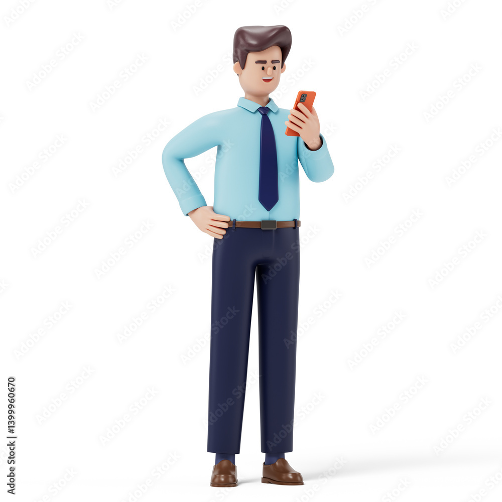 A man looks at his phone, symbolizing connectivity or communication. 3D rendering, conceptual image. Isolated on white background. A man looks at his phone, symbolizing connectivity or communication. 3D rendering, conceptual image. Isolated on white background.