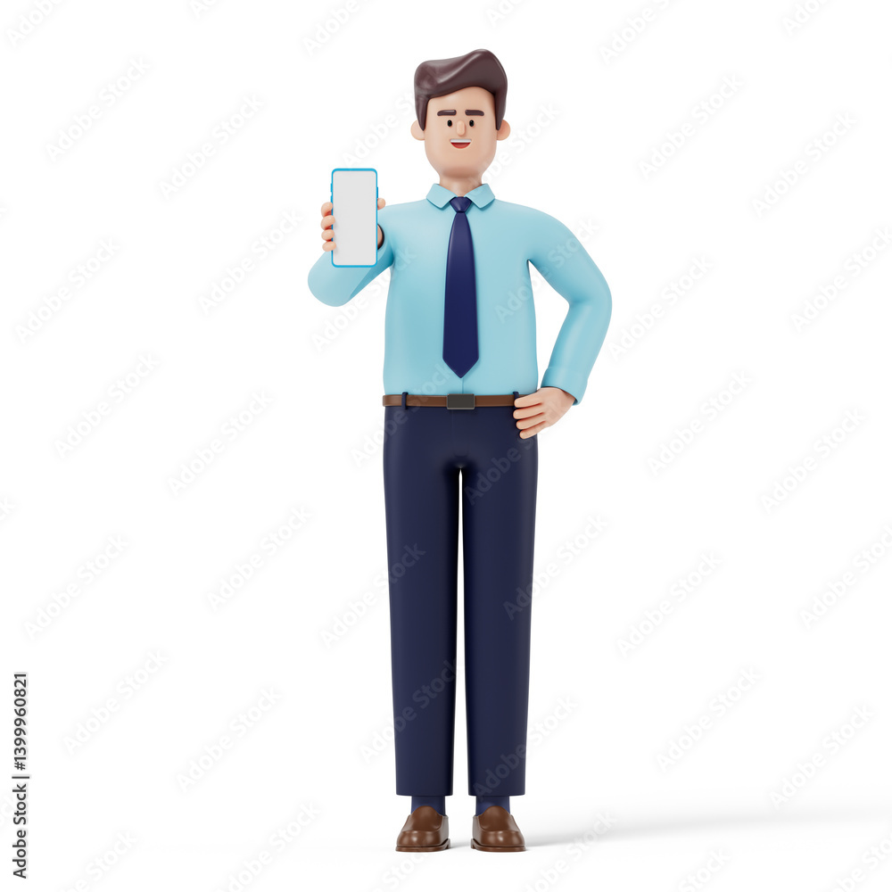A man displays a smartphone, symbolizing sharing or presenting information. 3D rendering, conceptual image. Isolated on white background. A man displays a smartphone, symbolizing sharing or presenting information. 3D rendering, conceptual image. Isolated on white background.