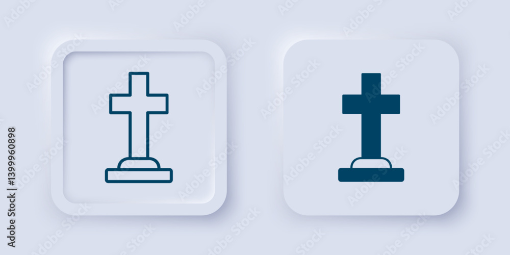 Filled and outline Tombstone with cross icon isolated on grey background. Grave icon. Happy Halloween party. Square button. Vector Filled and outline Tombstone with cross icon isolated on grey background. Grave icon. Happy Halloween party. Square button. Vector