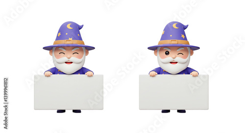 Wizard Characters Holding Blank Sign for Magic Promotion