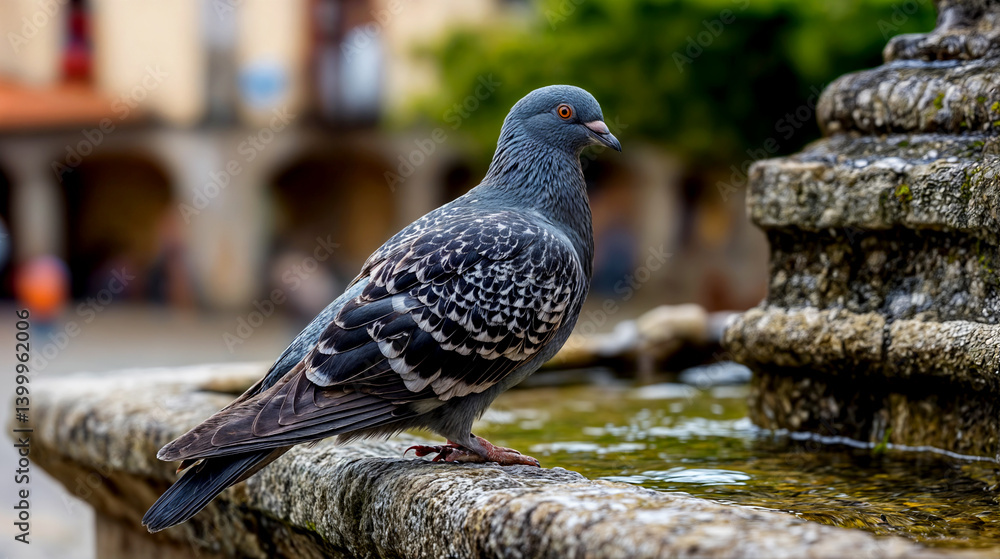 Fototapeta premium Pigeon standing by stone fountain, bird in urban park on water's edge