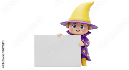 Cute Wizard Cartoon Character Holding Blank Sign for Message