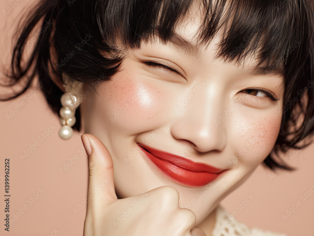 Closeup of cheerful Asian model wearing pearls and showing thumb up gesture on peachy background.