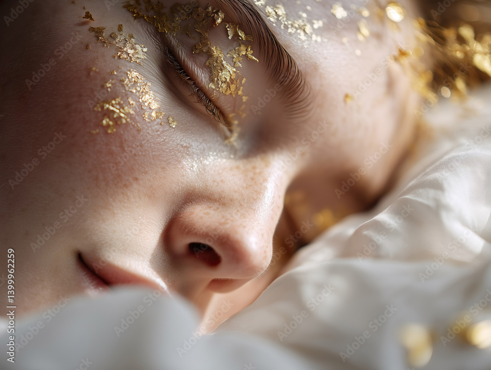 Ethereal close-up of sleeping pale model with gold leaf accents on her eyelids.