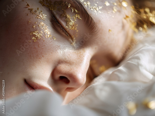 Obraz na płótnie Ethereal close-up of sleeping pale model with gold leaf accents on her eyelids. w salonie
