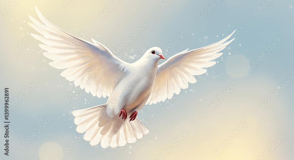 Obraz premium Serene White Dove in Flight: Digital Painting of Peace and Tranquility AI Generated