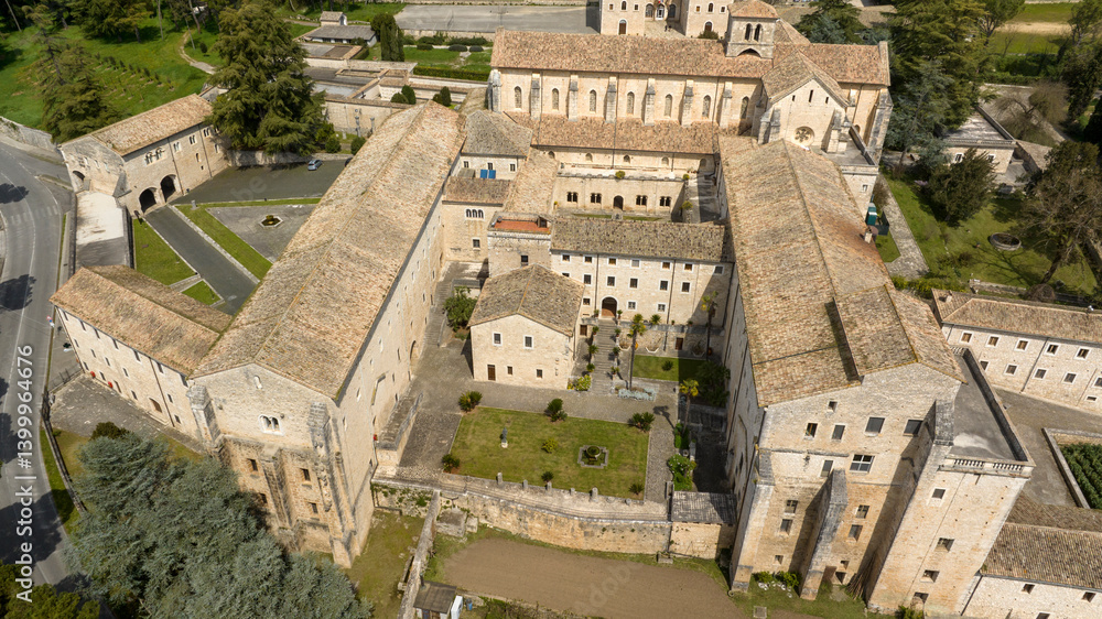 Aerial view of Casamari Abbey located near Frosinone, Lazio, Italy. It is a Cistercian abbey, example of early Italian Gothic architecture in the Burgundian style. It was declared a National Monument.