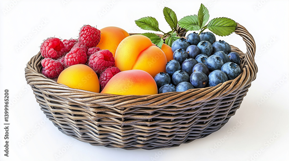 Fresh basket of mixed berries and apricots with green leaves Fresh basket of mixed berries and apricots with green leaves