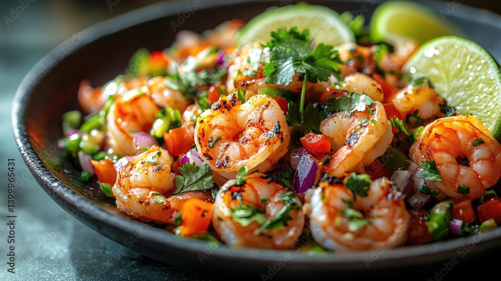 Grilled Shrimp Ceviche With Lime. Seafood Appetizer With Vibrant Colors And Fresh Ingredients. Grilled Shrimp Ceviche With Lime. Seafood Appetizer With Vibrant Colors And Fresh Ingredients.