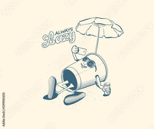 Summer vintage cartoon vector art, Lazy boy taking selfie on beach, Funny summer vacation artwork for t shirt, poster, graphic print