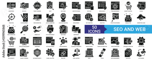 Seo and Web icon collection set with monitoring, data, target audience, audit, bug fixing 	