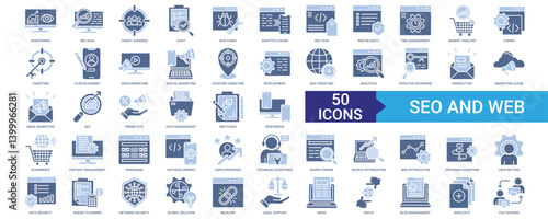 Seo and Web icon collection set with monitoring, data, target audience, audit, bug fixing 	