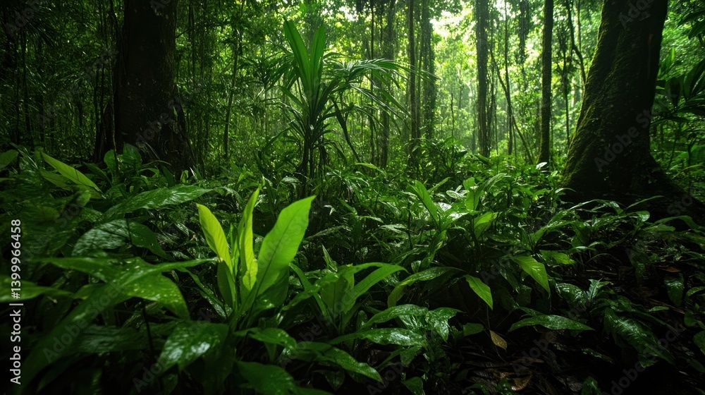 Fototapeta premium Lush rainforest floor with vibrant green plants and trees.