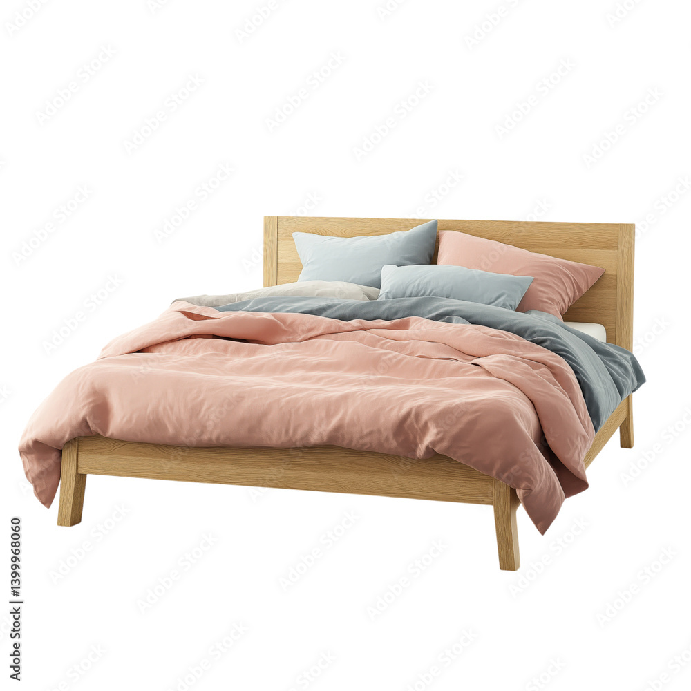 Modern light wood bed with soft gray bedding and pink throw pillows, perfect for a cozy and stylish bedroom setup.