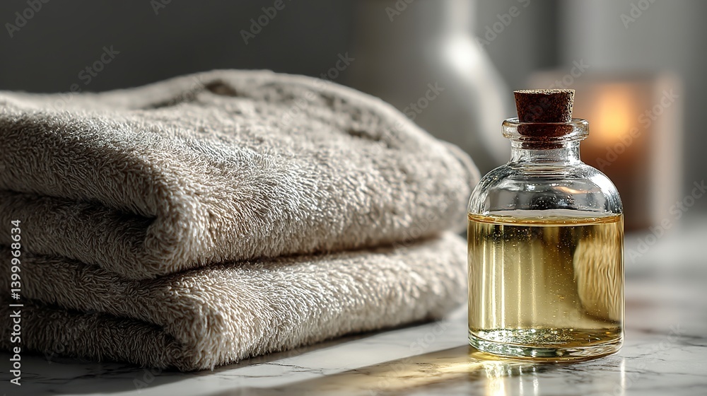 Folded spa towel placed beside aromatic oil bottle on marble surface with soft diffused lighting, creating a serene relaxation and wellness atmosphere. Folded spa towel placed beside aromatic oil bottle on marble surface with soft diffused lighting, creating a serene relaxation and wellness atmosphere.