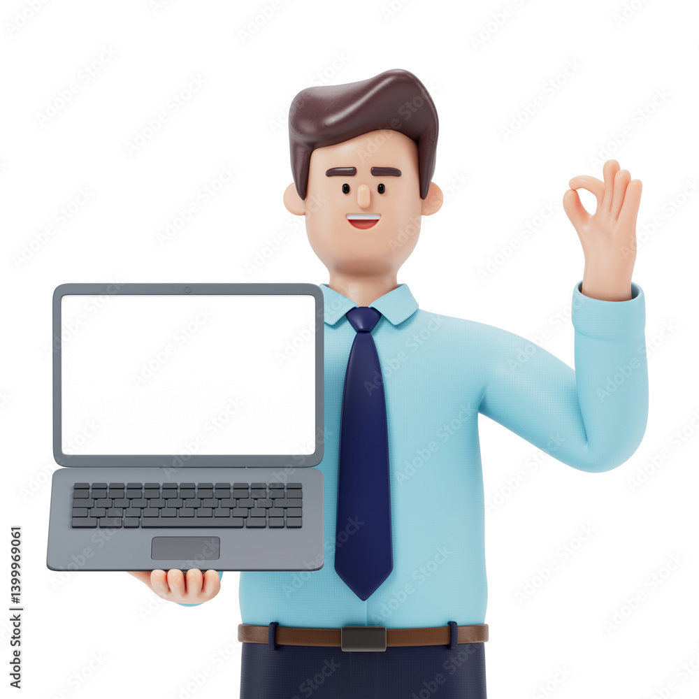 A man holds a laptop, left hand signaling okay, symbolizing tech proficiency and approval. 3D rendering, conceptual image. Isolated on white background. A man holds a laptop, left hand signaling okay, symbolizing tech proficiency and approval. 3D rendering, conceptual image. Isolated on white background.