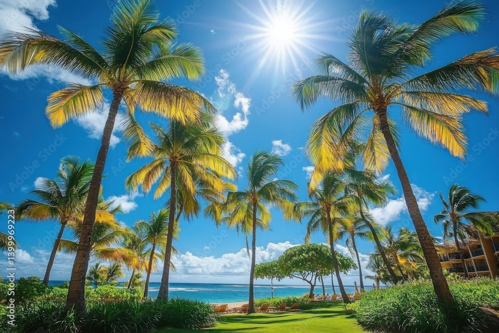 With a wide-angle view of a vibrant- sunny day- design template showcases a panoramic scene of palm trees swaying in gentle breeze- evoking a sense of relaxation and tropical paradise- making it perf With a wide-angle view of a vibrant- sunny day- design template showcases a panoramic scene of palm trees swaying in gentle breeze- evoking a sense of relaxation and tropical paradise- making it perf
