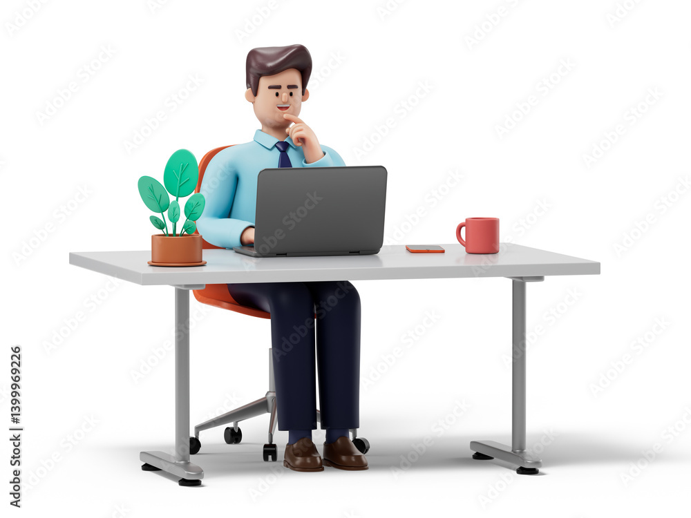 A man sits at a desk, laptop open, hand to chin, symbolizing deep thought and focus. 3D rendering, conceptual image. Isolated on white background. A man sits at a desk, laptop open, hand to chin, symbolizing deep thought and focus. 3D rendering, conceptual image. Isolated on white background.