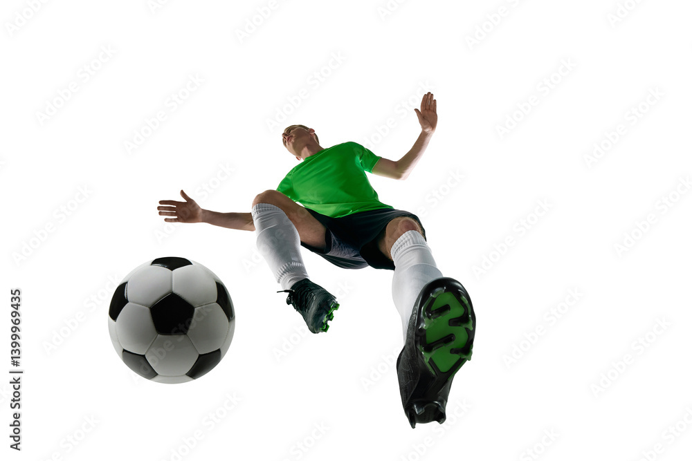 Low angle of young man, dressed sport uniform, soccer player training kicking ball in motion against white studio background. Concept of professional sport, training, tournament, energy. Ad